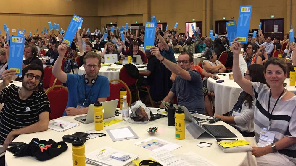 La délégation suisse lors d'une votation au Conseil international 2017, qui s'est déroulé à Rome. © Amnesty International