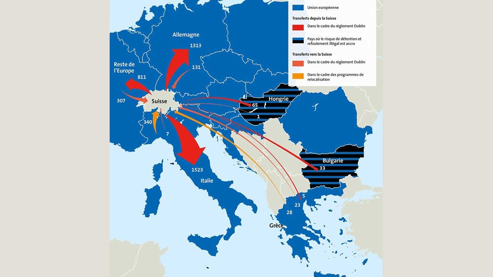 La carte montre combien de réfugiés la Suisse a renvoyés en 2016 vers d’autres pays européens dans le cadre du règlement Dublin, et combien elle en a accueilli en provenance de ces mêmes pays. © muellerluetolf.ch, Source: Secrétariat d’État aux migrations (SEM).  En collaboration avec Vivre Ensemble.