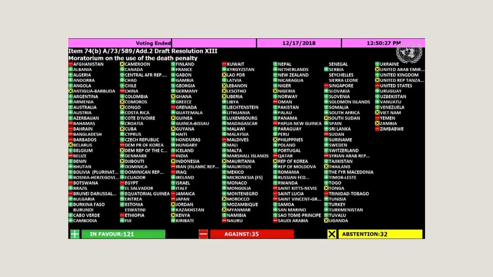 Le résultat du vote à l'Assemblée générale des Nations unies. © droits résérvés.