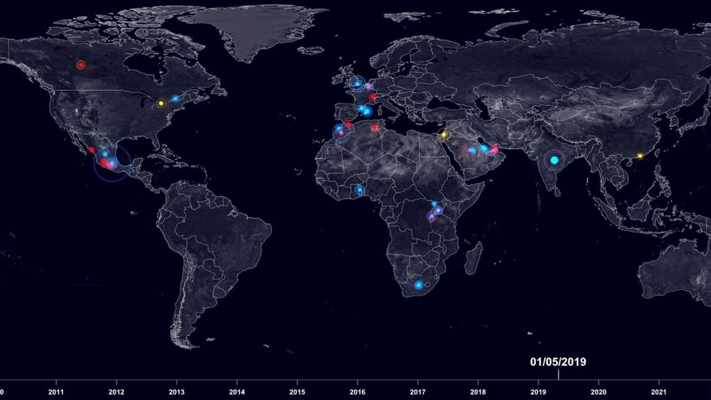 Carte d'ensemble qui répertorie les attaques en ligne et hors ligne contre des défenseur·e·s des droits humains. © Forensic Architecture