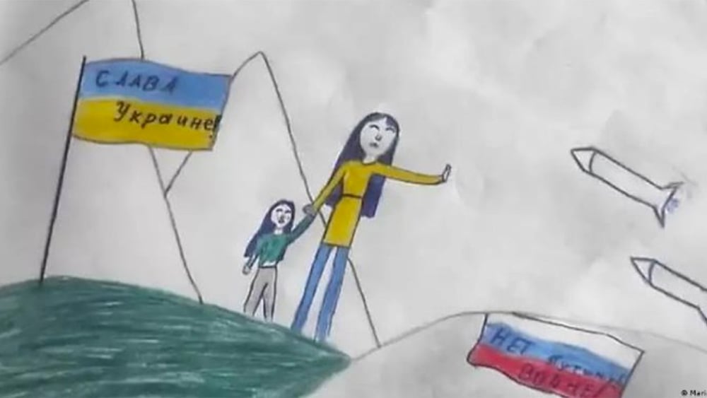 Nell'aprile 2022 Maria Moskaliova, 12 anni, aveva fatto un disegno contro la guerra. È stata separata dal padre e collocata in un orfanotrofio. © Maria Moskaliova