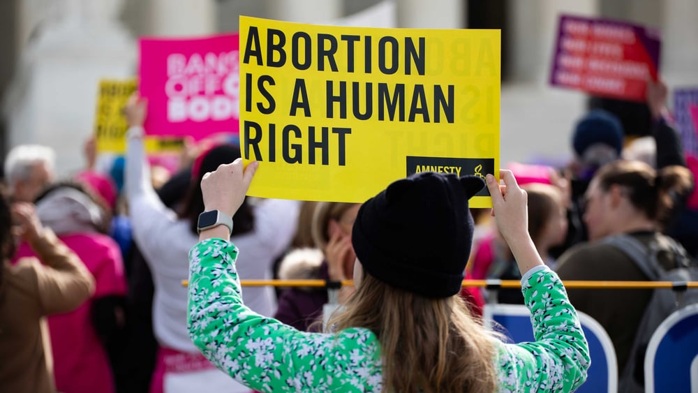 Una giovane donna con un berretto tiene in mano uno cartellone con la scritta "L'aborto è un diritto umano" durante una manifestazione per il diritto all'aborto.