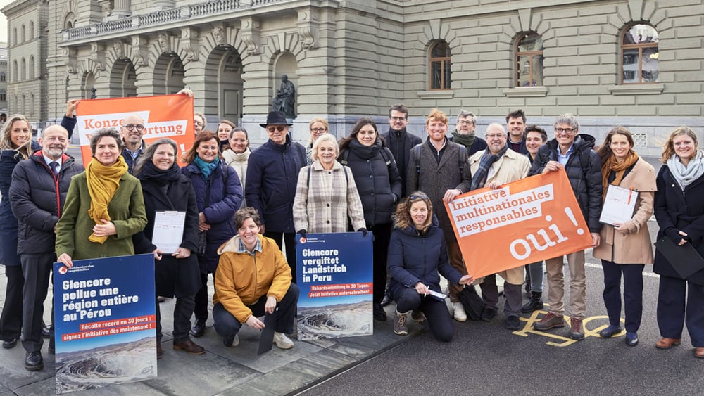 Un gruppo di persone durante la campagna di raccolta firme - mostrano cartelli a favore dell'iniziativa o che esemplificano alcuni casi particolarmente importanti.