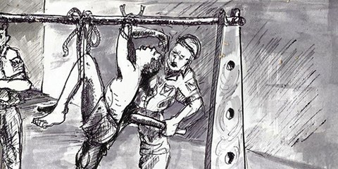 Szenen des Grauens: Diese auf Zeugenaussagen basierende Zeichnung zeigt eine Foltersituation in Nigeria. © Chijioke Ugwu Clement