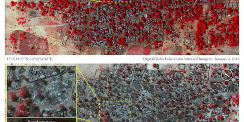 Die Satellitenbilder zeigen die Ortschaft Doron Baga vor und nach den Angriffen durch Boko Haram und belegen die massive Zerstörung. | © DigitalGlobe