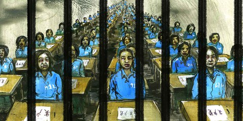 Inhaftierte in einem «Klassenzimmer», in welchem sie die chinesische Kultur erlernen sollen. © Molly Crabapple. Weitere Illustrationen zum Bericht: Bitte aufs Bild klicken.