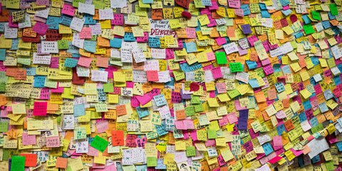 Eine Wand neben den zentralen Regierungsgebäuden in Hongkong im Oktober 2014, die mit Post-it-Zetteln bedeckt ist, auf denen die Demokratiebewegung unterstützt wird. Die prodemokratischen Aktivist*innen wurden und werden von der chinesischen Regierung verfolgt. © AFP via Getty Images