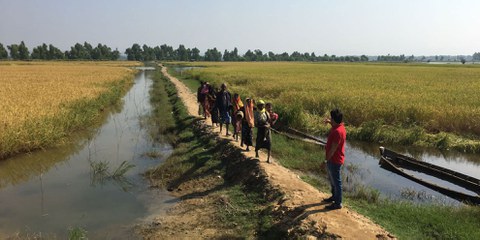 Rohingya-Flüchtlinge überqueren die Grenze von Bangladesch, nachdem sie sich die Nacht durch in einem Wäldchen versteckt hielten. 22. November 2016. © AI
