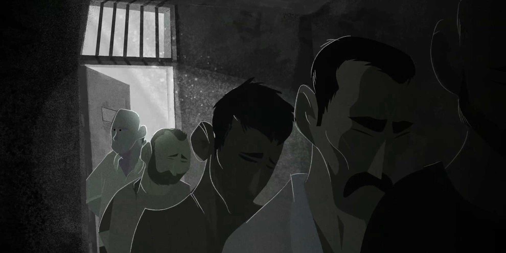 Bild aus dem animierten Film über das Gefängnis Saydnaya : In solchen Gefängnissen in Syrien wurden Tausende Gefangene systematisch gefoltert und hingerichtet. © Cesare Davolio/Amnesty International