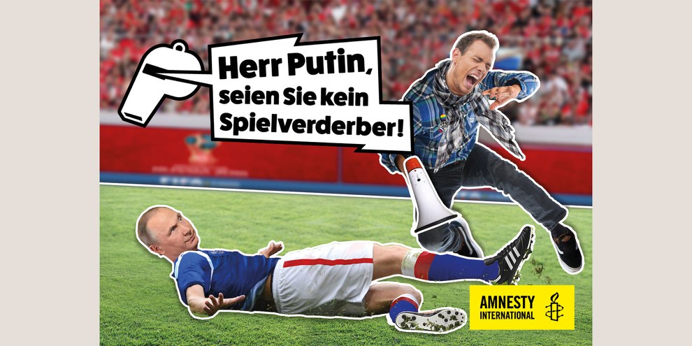 Amnesty International Schweiz führte während der WM 2018 eine Kampagne zum Schutz von MenschenrechtsverteidigerInnen in Russland. © AI