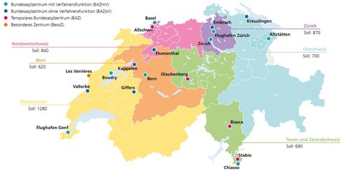 Die Bundesasylzentren in den sechs Regionen © SEM (www.sem.admin.ch)