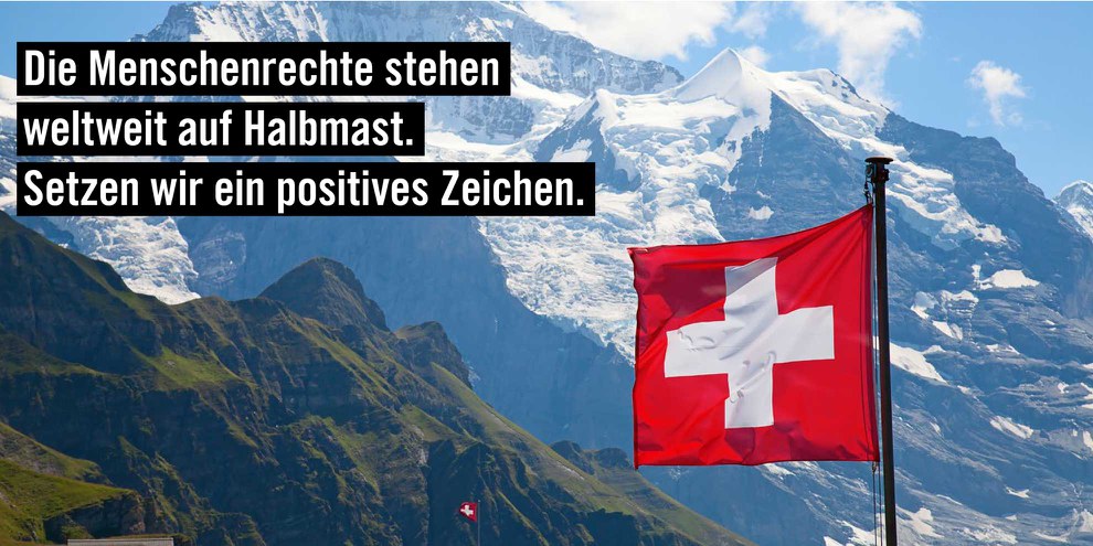 «Die Fremde Richter-Initiative der SVP ist ein Angriff auf die Menschenrechte.» Titelbild des Flyers, der an 2,5 Millionen Schweizer Haushalte geht. © AICH