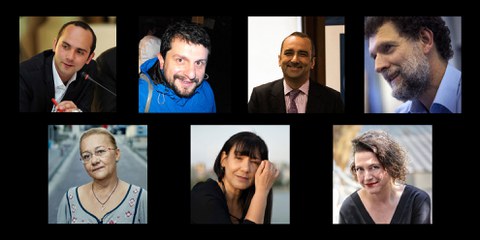 Die sieben Verurteilten v.l.n.r.  	Tayfun Kahraman, Can Atalay, Hakan Altınay, Osman Kavala, Mücella Yapıcı, Mine Özerden und Çiğdem Mater . © Amnesty International / Privat