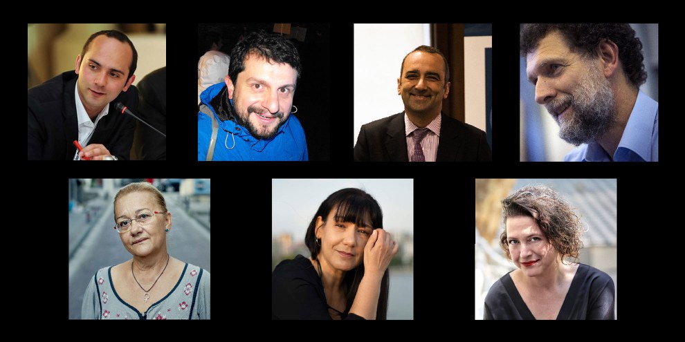 Die sieben Verurteilten v.l.n.r.  	Tayfun Kahraman, Can Atalay, Hakan Altınay, Osman Kavala, Mücella Yapıcı, Mine Özerden und Çiğdem Mater . © Amnesty International / Privat