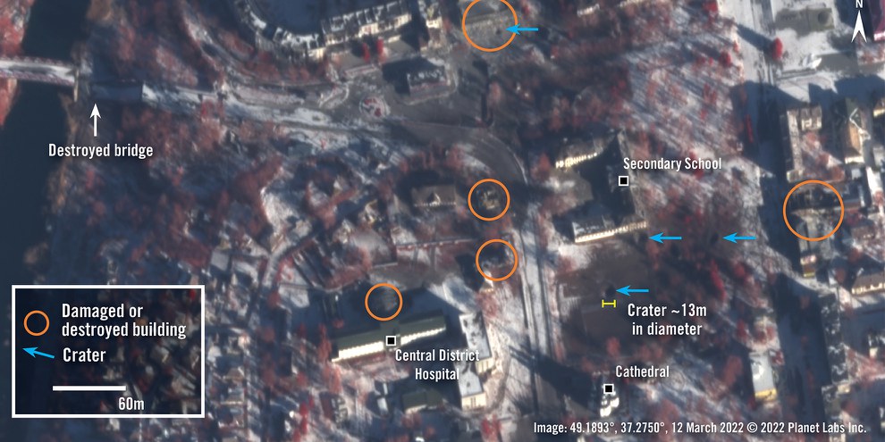 Satellitenaufnahme von Izium  am 12. März 2022 © 2022 Planet Labs Inc.