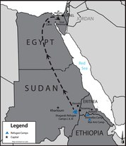Diese Karte zeigt eine Route des Menschenhandels in Eritrea, Sudan und Ägypten. 