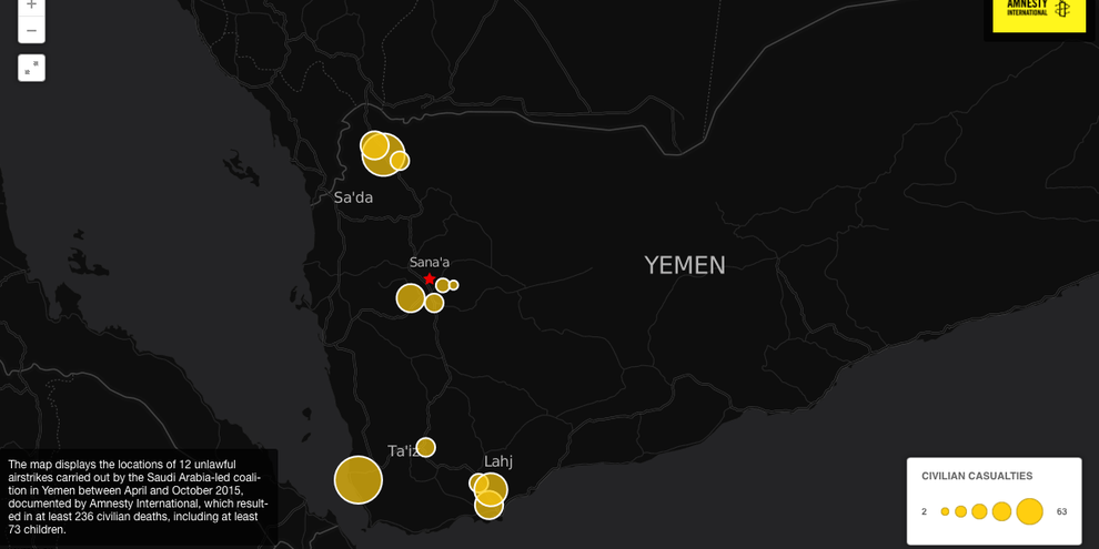 Karte mit 12 von Amnesty dokumentierten, völkerrechtswidrigen Luftangriffen der saudischen Koalition