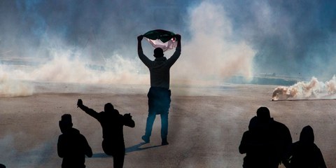 Mit der algerischen Flagge stellt sich ein Protestant der Polizei entgegen, bei einer Demonstration gegen den Präsidenten am 29. März 2019. @ BkhStudio/shutterstock.com