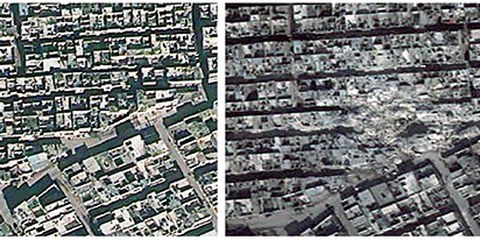Die Bezirke Ard al-Hamra and Tariq al-Bab in Aleppo. Bei einem Doppelangriff am 22. Februar 2013 starben dort mindestens 117 Menschen. © 2013 DigitalGlobe (December 15, 2012); Atrium (February 24, 2013). Analysis by AAAS 