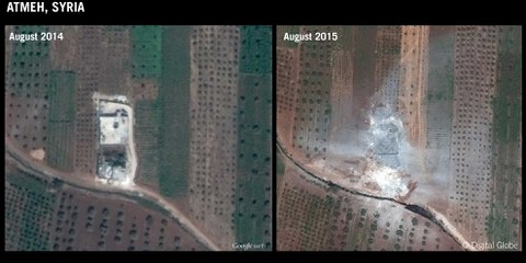 Luftangriff auf Atmeh/Idlib, 11. Aug ust 2015: Ein Haus, in welchem sich zwei IS-Kämpfer befanden, und zwei von Zivilisten bewohnte Häuser wurden zerstört. © DigitalGlobe/Google Earth. Graphic produced by Amnesty International