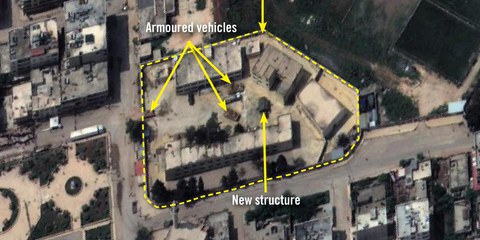 Dieses Satellitenbild zeigt die Amir Ghabari-Schule in Afrin, die gemäss ehemaligen Lehrern den türkischen Truppen und verbündeten Milizen als Stützpunkt dient. © 2018 Digital Globe, Inc.