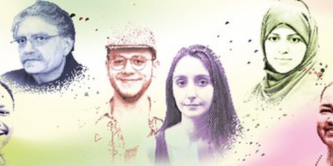Von links nach rechts: Germain Rukuki, Idris Khattak, Özgür Gür & Melike Balkan, Nassima al-Sada und Jani Silva