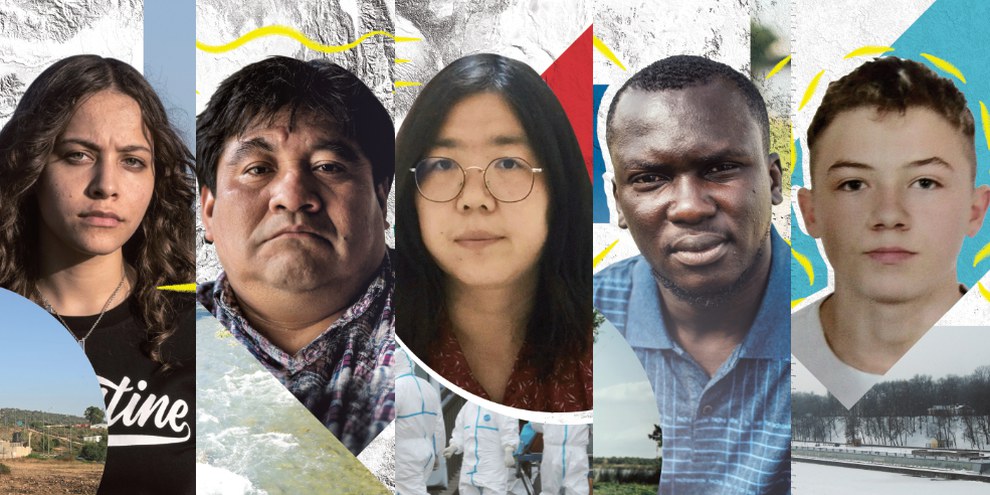 Von links nach rechts: Janna Jihad, Bernardo Caal Xol, Zhang Zhan, Imoleayo Adeyeun Michael und Mikita Zalatarou © Amnesty International