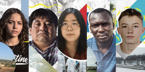 Von links nach rechts: Janna Jihad, Bernardo Caal Xol, Zhang Zhan, Imoleayo Adeyeun Michael und Mikita Zalatarou © Amnesty International
