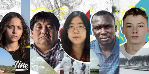 Von links nach rechts: Janna Jihad, Bernardo Caal Xol, Zhang Zhan, Imoleayo Michael und Mikita Zalatarou © Amnesty International