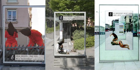 Beispiele der Plakatkampagne «Es geschieht nicht hier. Aber jetzt.» Klicken auf Bild für Bildgalerie © Walker Werbeagentur AG