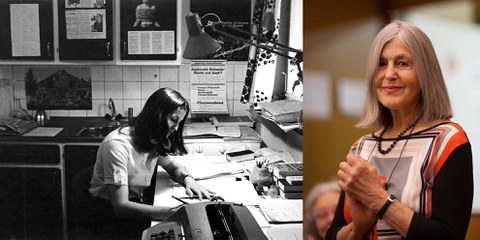 Marta Fotsch, 1977 in ihrem Büro bei sich zu Hause und 2016 an der Amnesty-GV. © Amnesty International