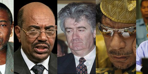 Charles Taylor, Omar al-Bashir, Radovan Karadzic, Muammar Gaddafi, Kaing Guek Eav (alias Duch). © APGraphicsBank (bei den ersten drei), US DoD, Ausserordentliche Kammern an den Gerichten von Kambodscha
