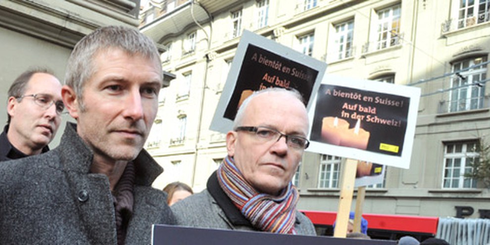 Daniel Bolomey an einer Solidaritätsaktion im Dezember 2009 für Max Göldi und Rachid Hamdani. © Valérie Chételat