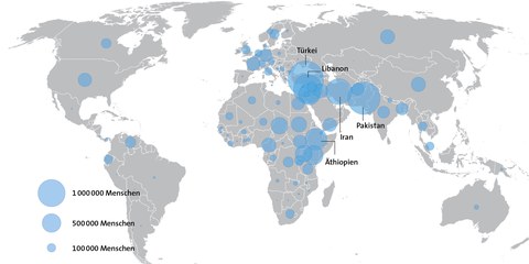 Wo leben die Flüchtlinge weltweit? Diese Karte zeigt die Verteilung von Flüchtlingen (ohne Asylsuchende und Binnenvertriebene). Stand: Mitte 2015. Quelle: UNHCR. © AI