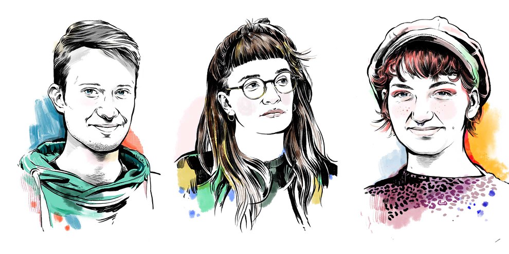 Roberto Petrillo, Anna Monsberger und Lena Kittler über ihre Motivation, sich für Menschenrechte einzusetzen. Illustrationen: André Gottschalk