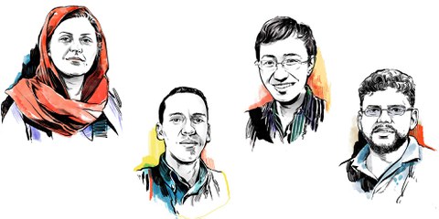 Vier mutige Menschen, die ihre Meinung bezahlen mussten: Golrokh Ebrahimi Iraee, Mohamd Cheikh Ould Mkhaïtir, Maria Ressa und Shakthika Sathkumara (v.l.n.r.)