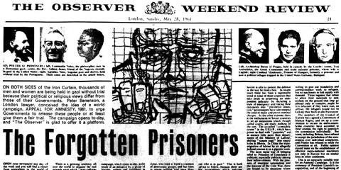 «The Forgotten Prisoners» – Der Artikel in «The Observer» vom  28. Mai 1961 stand ganz an Anfang von Amnesty International. © Guardian News and Media Limited