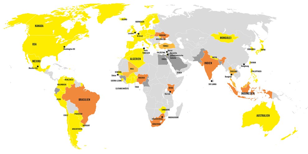 Amnesty International ist in mehr als 70 Ländern vertreten. Für eine grössere Ansicht der Karte, klicken Sie auf das Bild