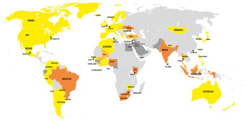 Amnesty International ist in mehr als 70 Ländern vertreten. Für eine grössere Ansicht der Karte, klicken Sie auf das Bild