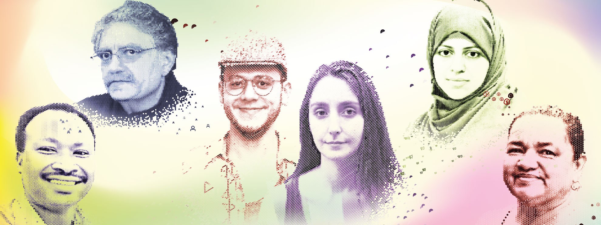 Tous les cas du Marathon des lettres 2020. De gauche à droite : Germain Rukuki, Idris Khattak, Özgür Gür et Melike Balkan, Nassima al Sada et Jani Silva ©AI