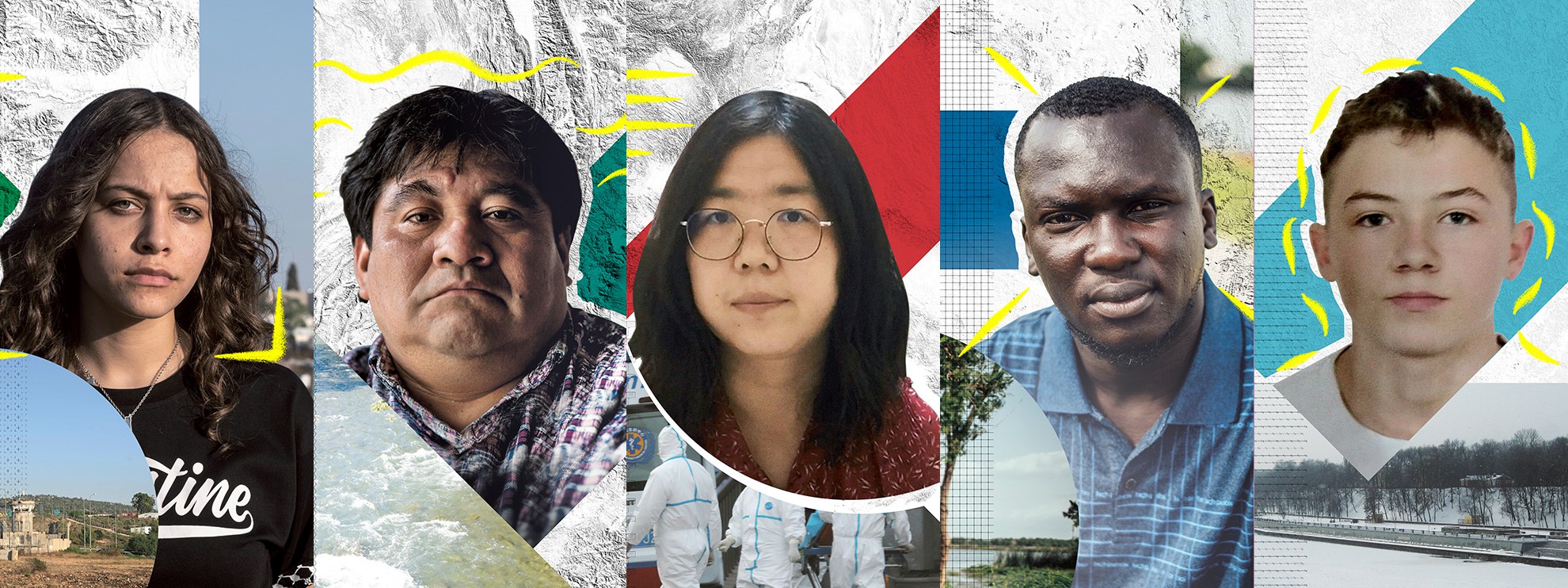 De gauche à droite : Janna Jihad, Bernardo Caal Xol, Zhang Zhan, Imoleayo Michael et Mikita Zalatarou ©AI