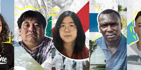 De gauche à droite : Janna Jihad, Bernardo Caal Xol, Zhang Zhan, Imoleayo Michael et Mikita Zalatarou ©AI