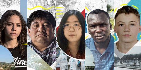 De gauche à droite : Janna Jihad, Bernardo Caal Xol, Zhang Zhan, Imoleayo Michael und Mikita Zalatarou ©AI