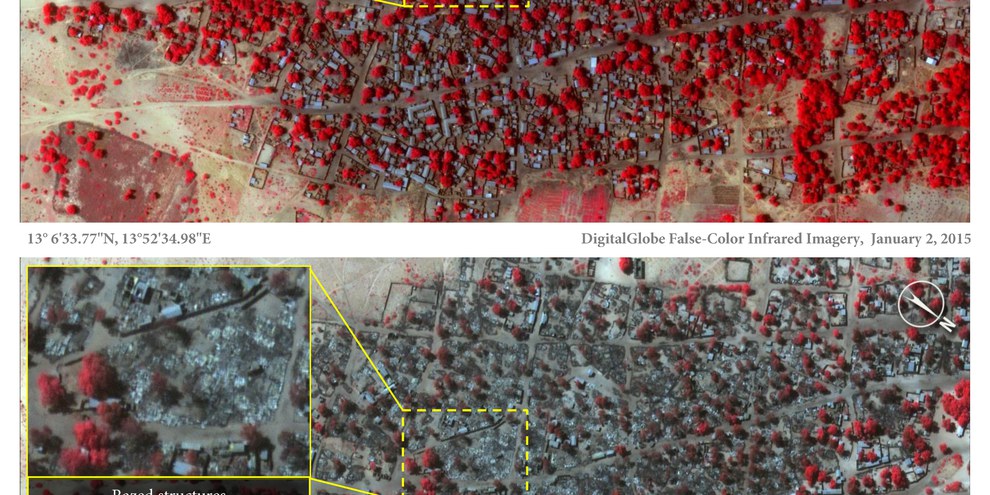 Les images montrent le village de Doro Baga avant et après les attaques du groupe et illustrent la terrible ampleur des destructions. © DigitalGlobe
