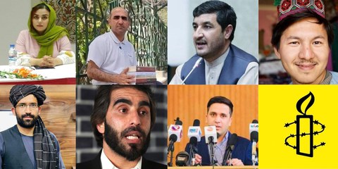 Arrêté·e·s pour s'être permis d'exprimer leur opinion... De gauche à droite et de haut en bas: Narges Sadat, Zekria Asoli, Qais Khan Wakili, Mortaza Behboudi, Muhammad Yar Majroh, Ismail Mashal et Fardin Fedayee. © Amnesty International / DR