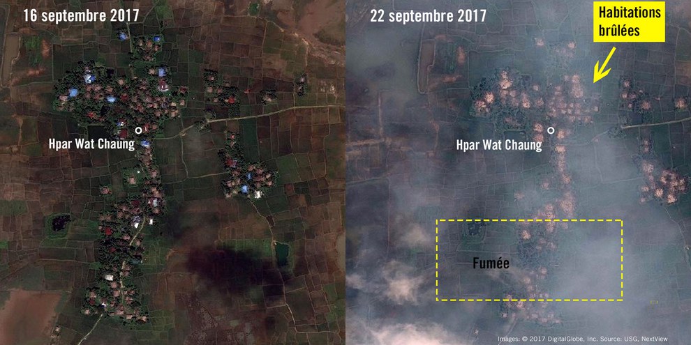 Hpar Wat Chaung, au nord du Myanmar. Entre le 16 et le 22 septembre 2017, le village a été complètement rasé. © 2017 DigitalGlobe, Inc. Source: USG, NextView License