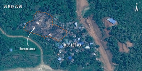 Les images satellite du 30 mai 2020, montrent qu’une grande partie du village de Mee Let Wa dans l'État de Chin semble avoir été rasée. © 2020 Maxar Technologies