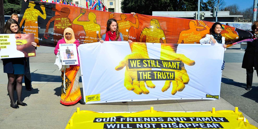 Également devant l'ONU à Genève, des Sri Lankais ont manifesté contre la disparition. ©  AI / Jean-Marie Banderet