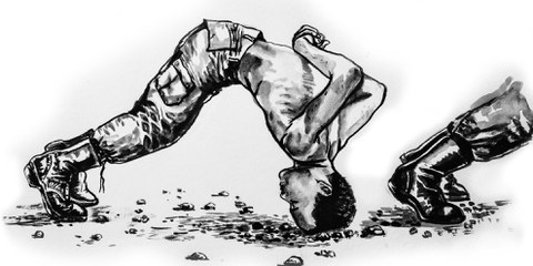 Le «head dip» est une forme de punition abusive souvent infligée aux conscrits. On leur dit de tenir la position, souvent la tête nue sur du béton chaud ou du tarmac, pendant une demi-heure. © Wana Wanlayangkoon