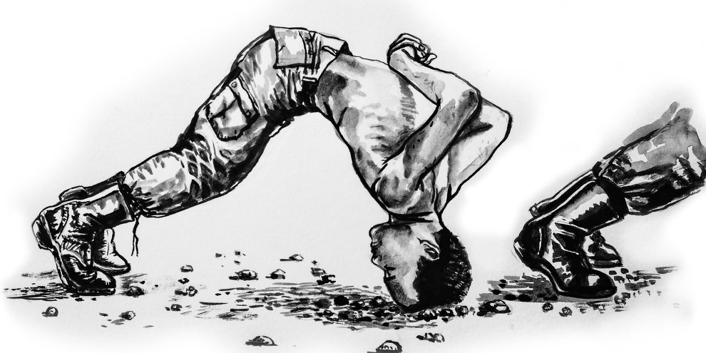 Le «head dip» est une forme de punition abusive souvent infligée aux conscrits. On leur dit de tenir la position, souvent la tête nue sur du béton chaud ou du tarmac, pendant une demi-heure. © Wana Wanlayangkoon